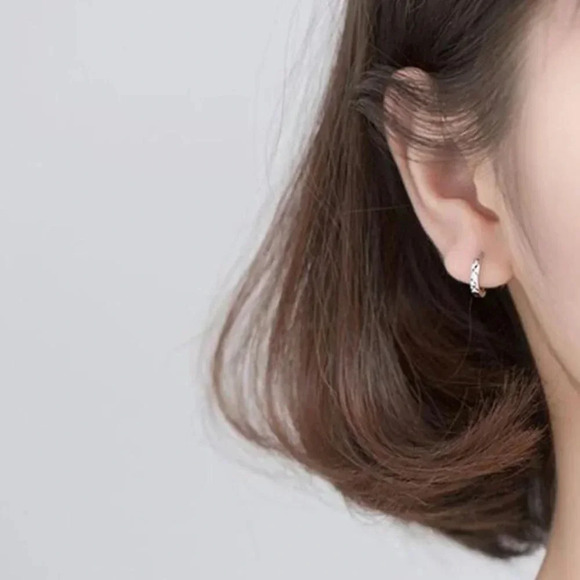 Sterling Silver Diamond Cut Huggie Hoop Earrings - Picture 4 of 7